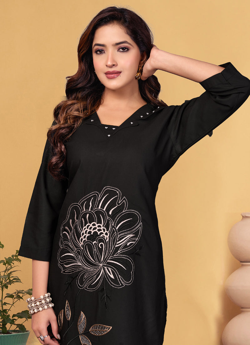 Prazu Fashion Black Viscose Rayon Embroidery Thread Work Co-Ords Set - Distacart