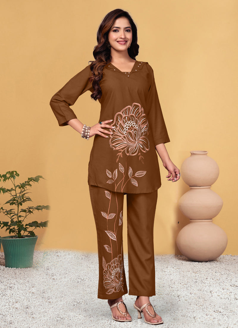 Prazu Fashion Brown Viscose Rayon Embroidery Thread Work Co-Ords Set - Distacart