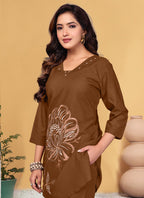 Prazu Fashion Brown Viscose Rayon Embroidery Thread Work Co-Ords Set - Distacart