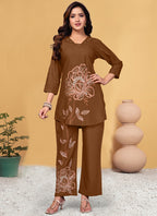 Prazu Fashion Brown Viscose Rayon Embroidery Thread Work Co-Ords Set - Distacart