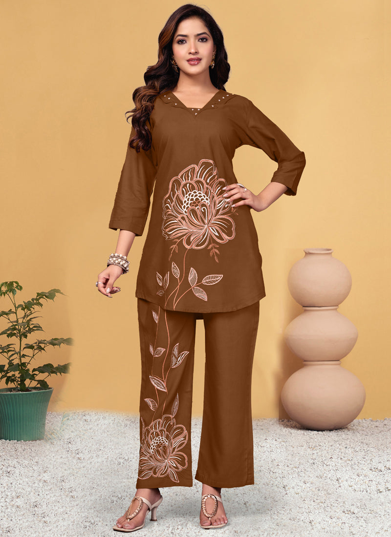 Prazu Fashion Brown Viscose Rayon Embroidery Thread Work Co-Ords Set - Distacart