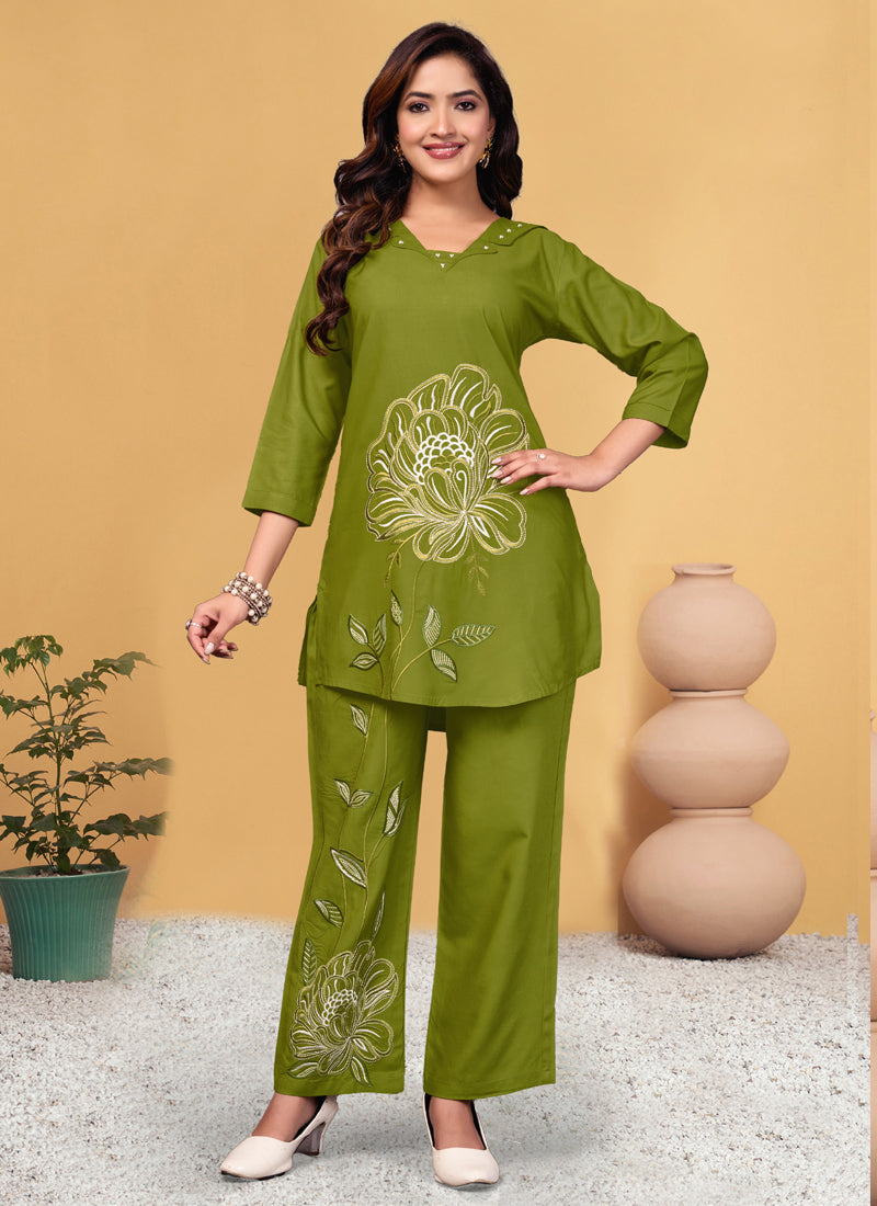 Prazu Fashion Parrot Green Viscose Rayon Embroidery Thread Work Co-Ords Set - Distacart