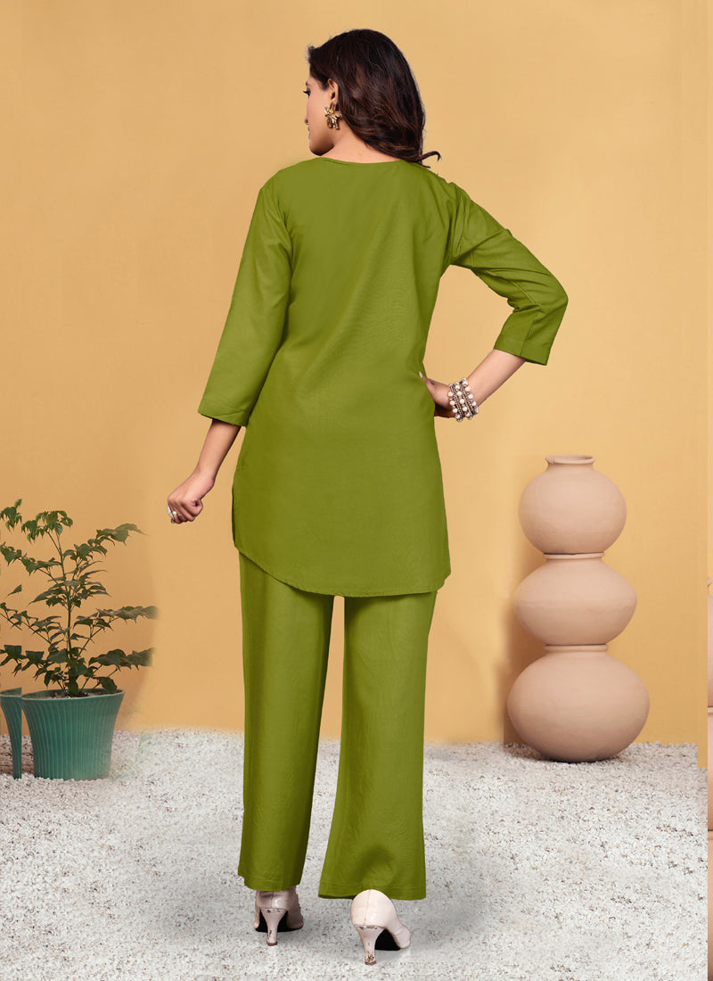Prazu Fashion Parrot Green Viscose Rayon Embroidery Thread Work Co-Ords Set - Distacart