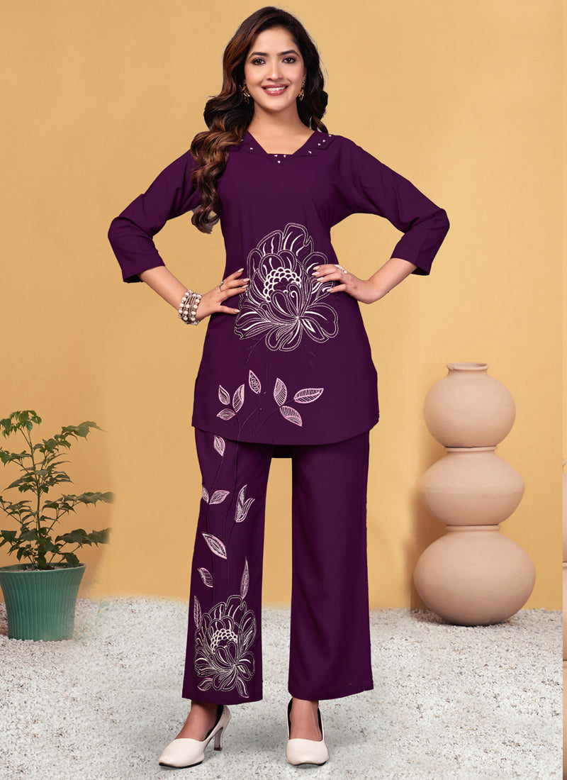 Prazu Fashion Purple Viscose Rayon Embroidery Thread Work Co-Ords Set - Distacart