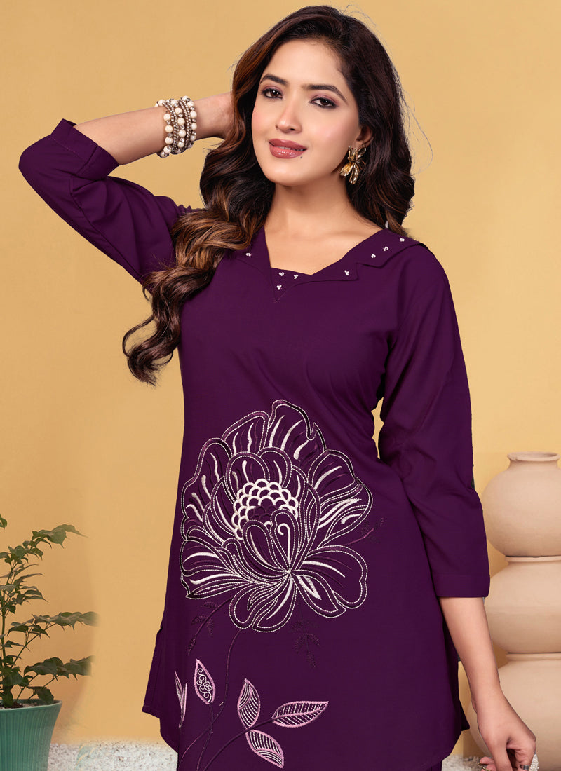 Prazu Fashion Purple Viscose Rayon Embroidery Thread Work Co-Ords Set - Distacart