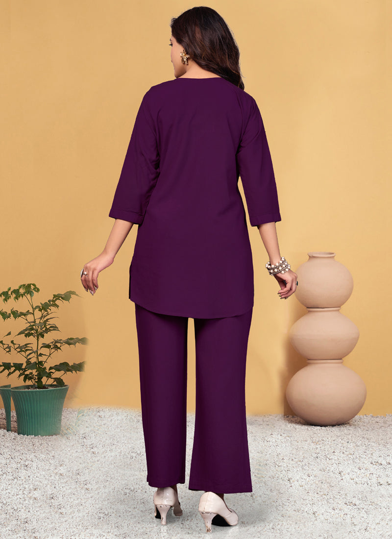 Prazu Fashion Purple Viscose Rayon Embroidery Thread Work Co-Ords Set - Distacart