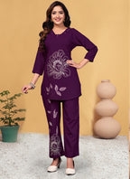 Prazu Fashion Purple Viscose Rayon Embroidery Thread Work Co-Ords Set - Distacart