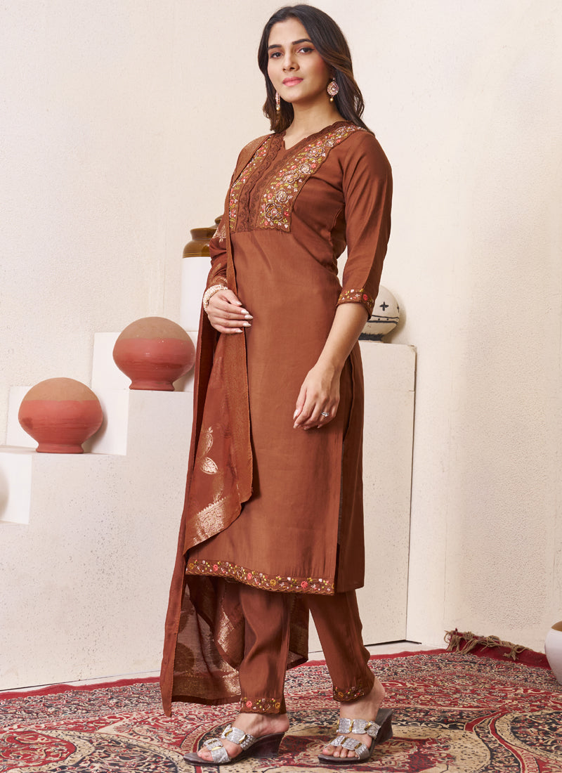 Prazu Fashion Brown Roman Silk Embroidered Sequence Work Kurta Set - Distacart