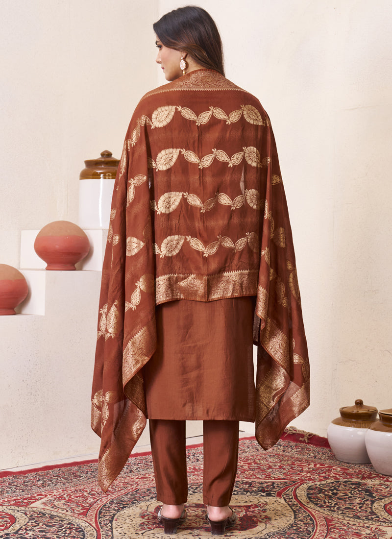 Prazu Fashion Brown Roman Silk Embroidered Sequence Work Kurta Set - Distacart