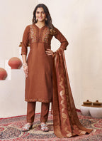 Prazu Fashion Brown Roman Silk Embroidered Sequence Work Kurta Set - Distacart