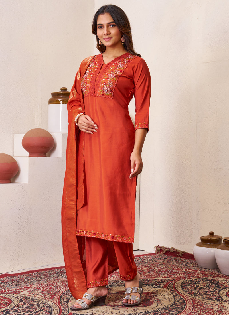 Prazu Fashion Rust Roman Silk Embroidered Sequence Work Kurta Set - Distacart