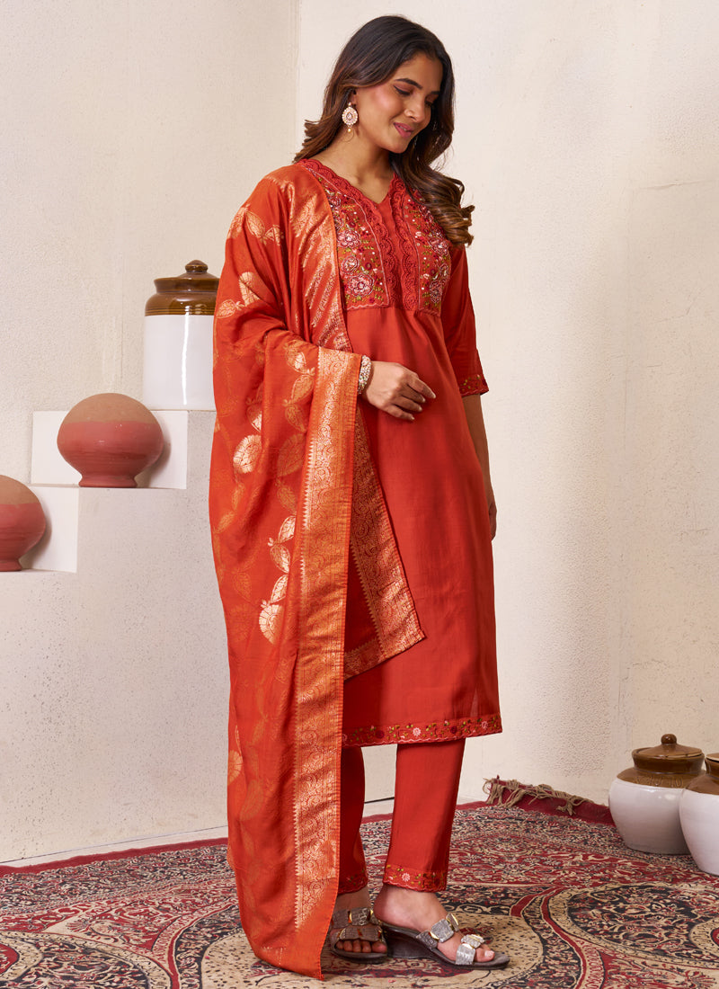 Prazu Fashion Rust Roman Silk Embroidered Sequence Work Kurta Set - Distacart