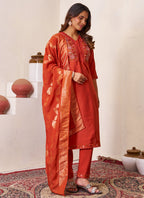 Prazu Fashion Rust Roman Silk Embroidered Sequence Work Kurta Set - Distacart