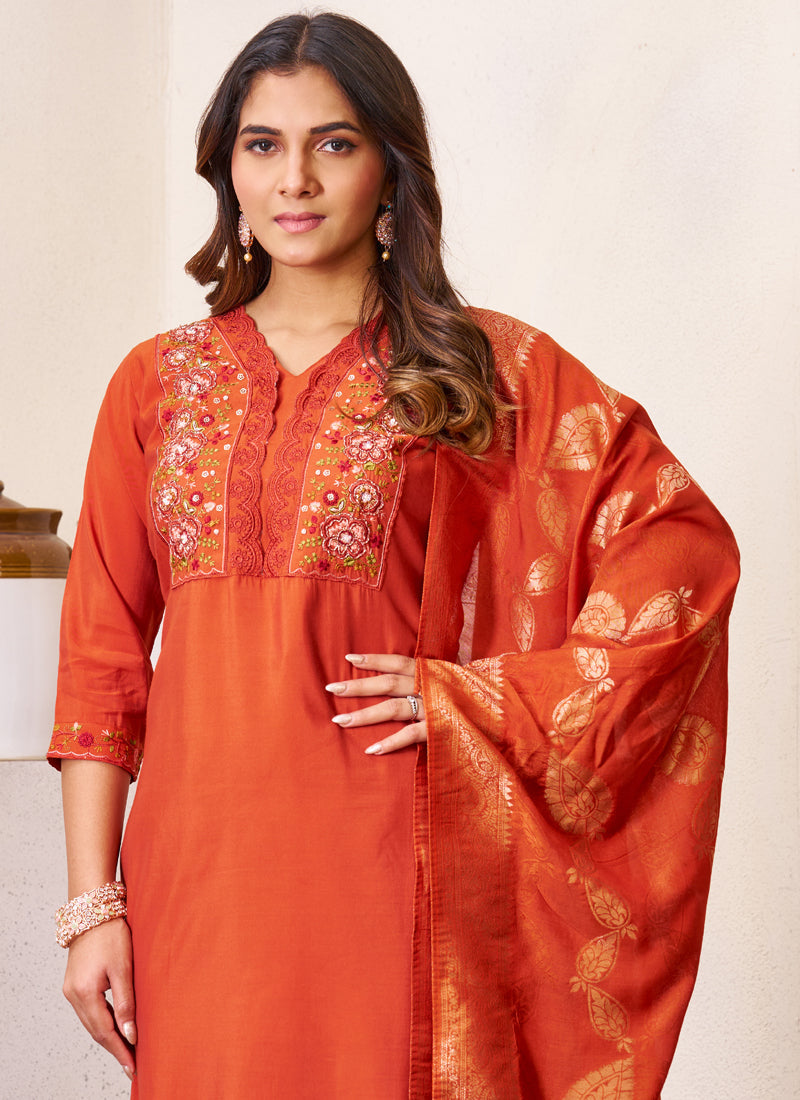 Prazu Fashion Rust Roman Silk Embroidered Sequence Work Kurta Set - Distacart