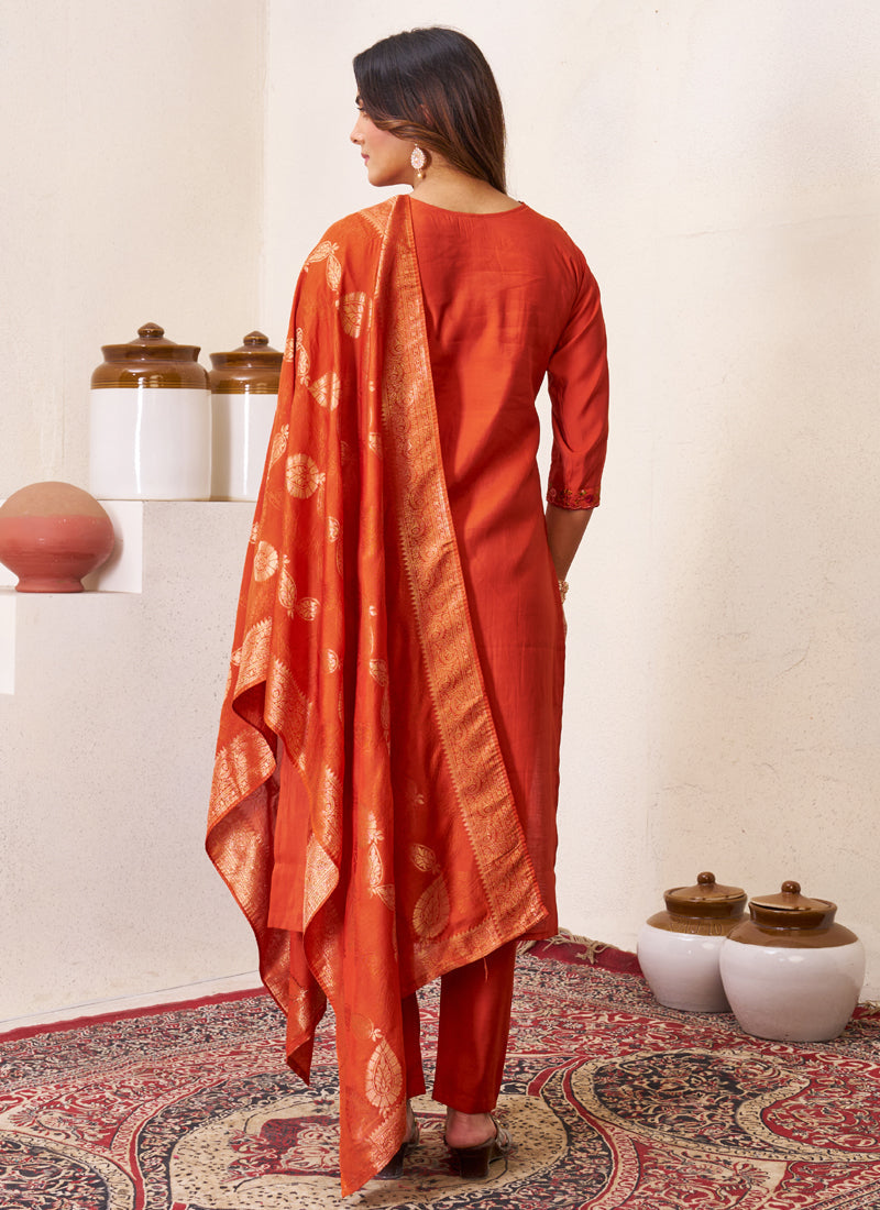Prazu Fashion Rust Roman Silk Embroidered Sequence Work Kurta Set - Distacart