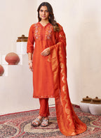 Prazu Fashion Rust Roman Silk Embroidered Sequence Work Kurta Set - Distacart