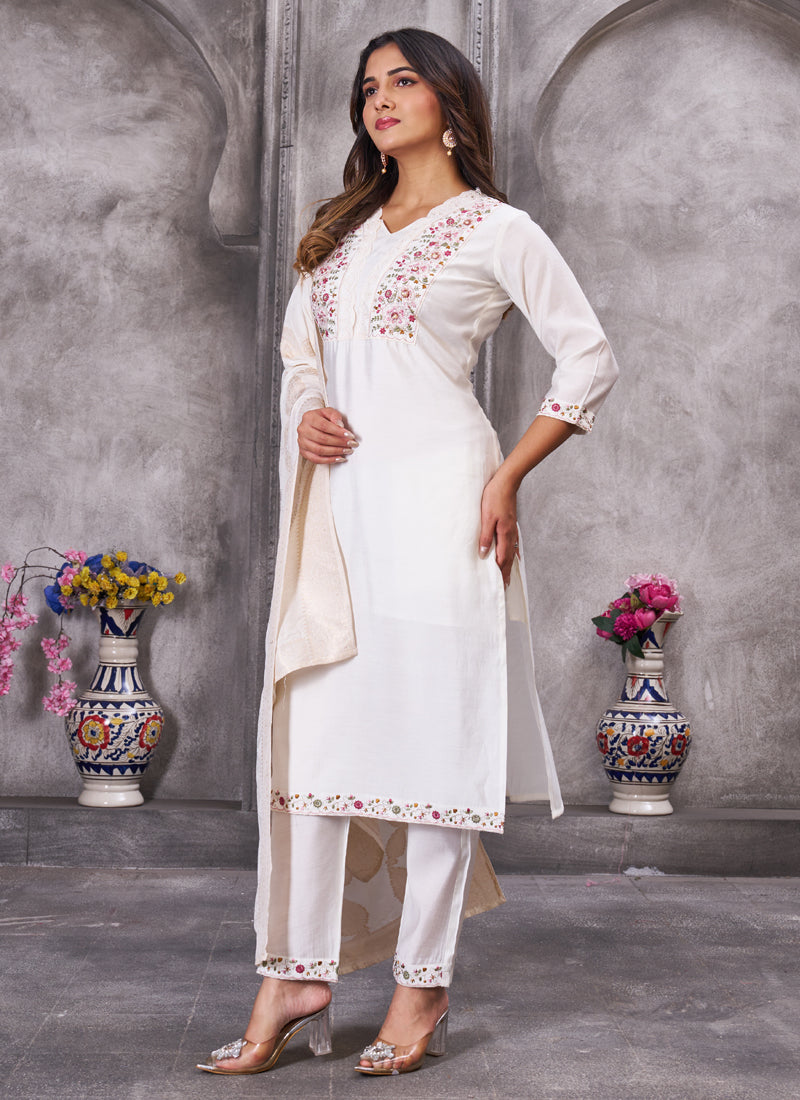 Prazu Fashion White Roman Silk Embroidered Sequence Work Kurta Set - Distacart
