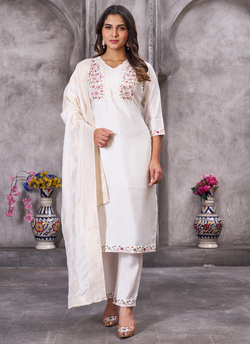Prazu Fashion White Roman Silk Embroidered Sequence Work Kurta Set - Distacart
