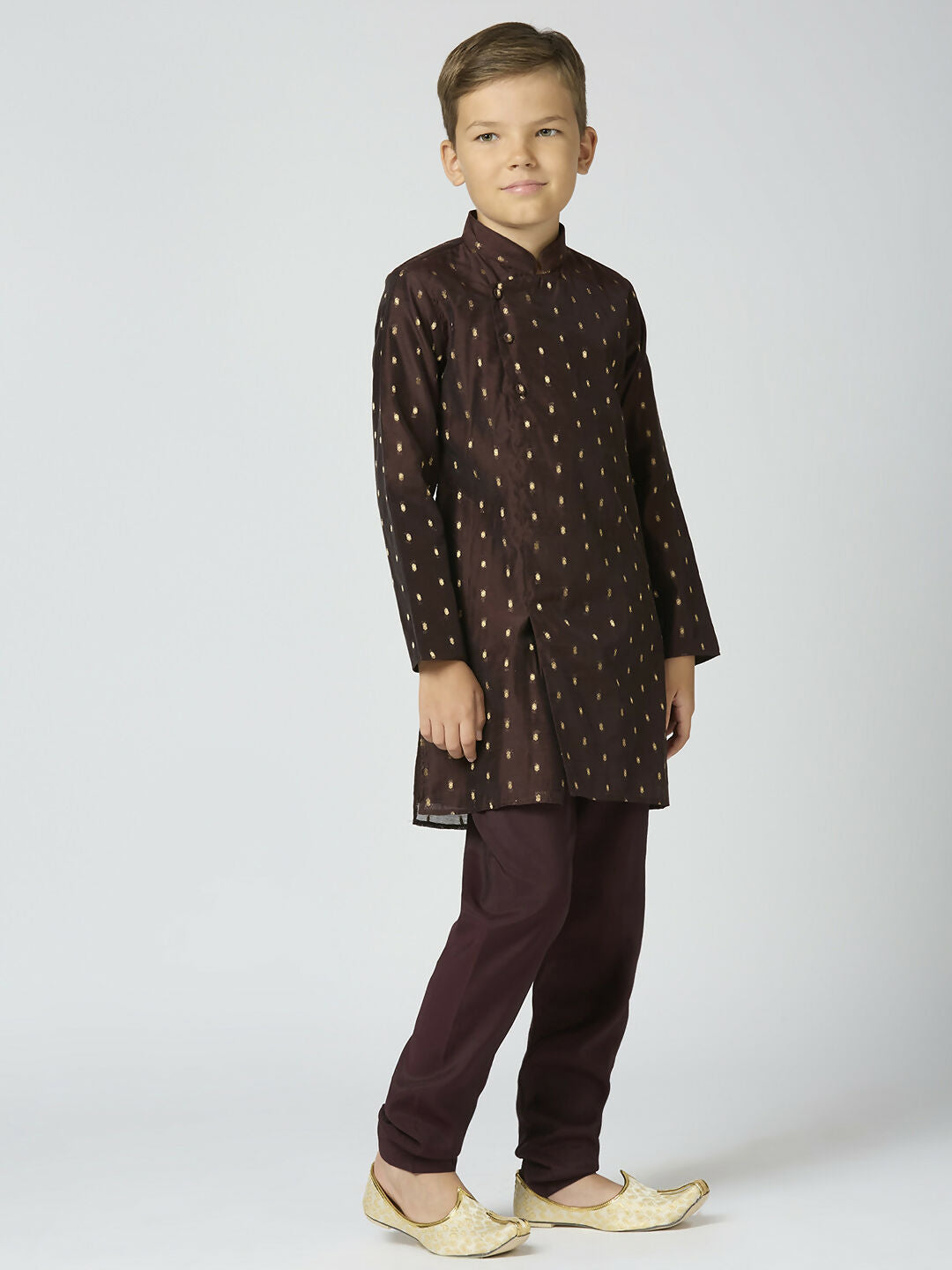 Joban Fashion Kids Island Full Sleeves Chanderi Kurta, Pyjama Set with Traditional Butta Work - Brown - Distacart