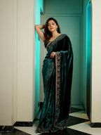 Joban Fashion Green Viscose Velvet Party Wear Sarees - Distacart