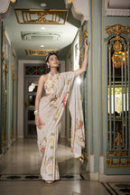 Vastranavya Off White Spectacular Georgette Printed with Pearl Lace Saree with Unstitched Blouse - Distacart