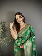 Joban Fashion Green Ethnic Floral Motifs Soft Lichi Silk Banarasi Saree - Distacart