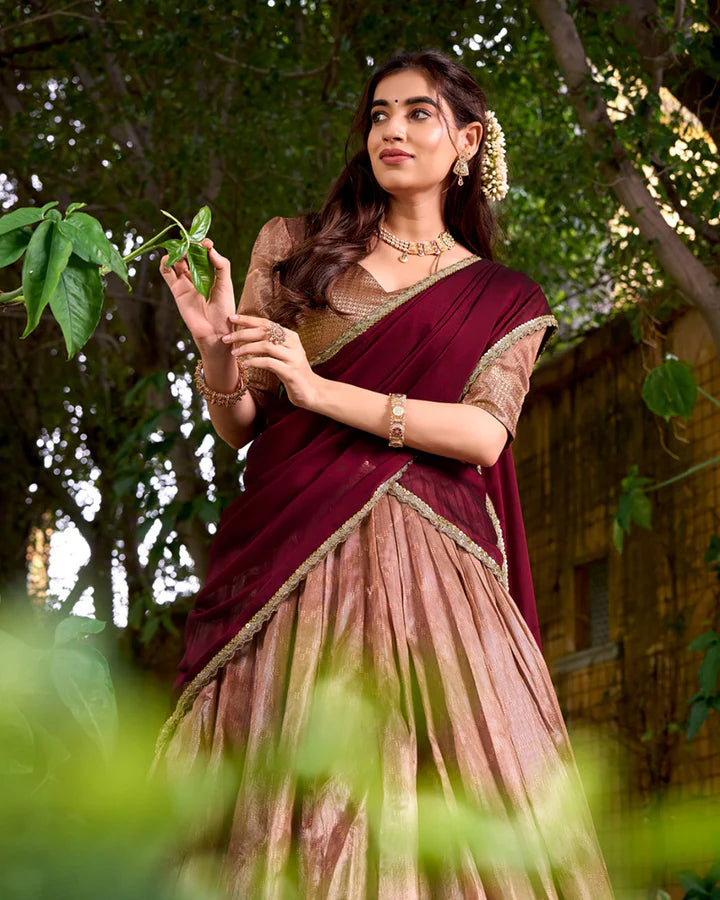 Evanik Traditional Peach Dupion Silk With Zari Weaving Work Lehenga Choli - Distacart
