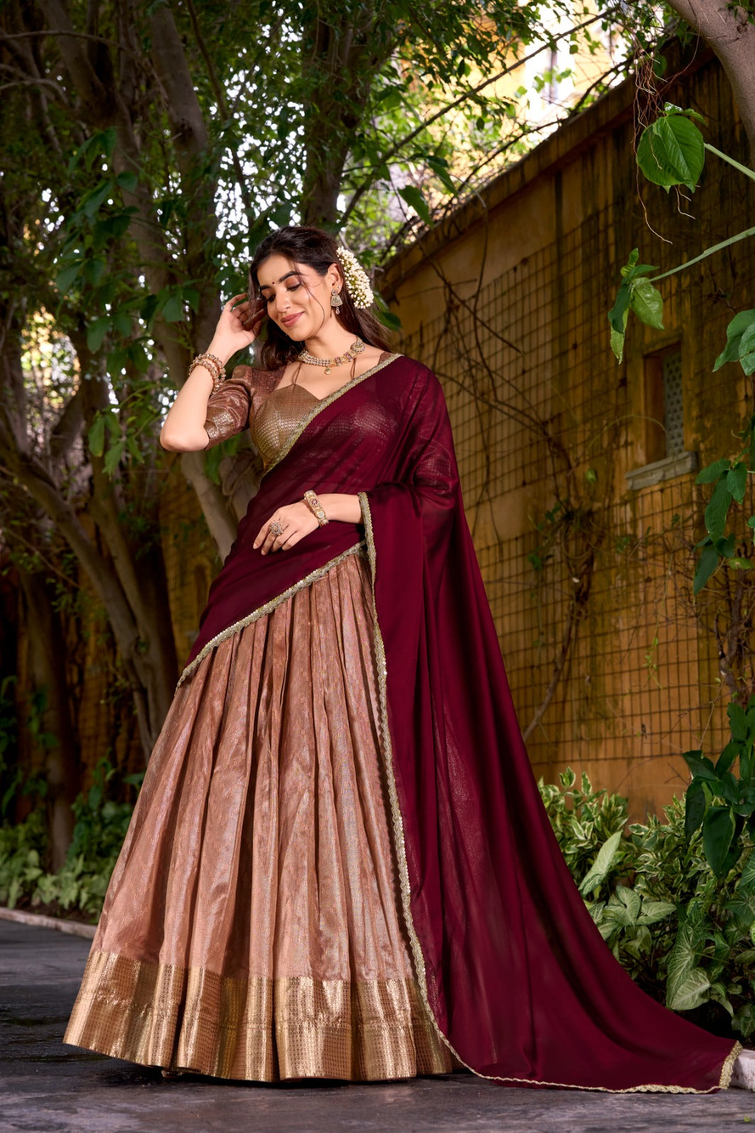 Evanik Traditional Peach Dupion Silk With Zari Weaving Work Lehenga Choli - Distacart