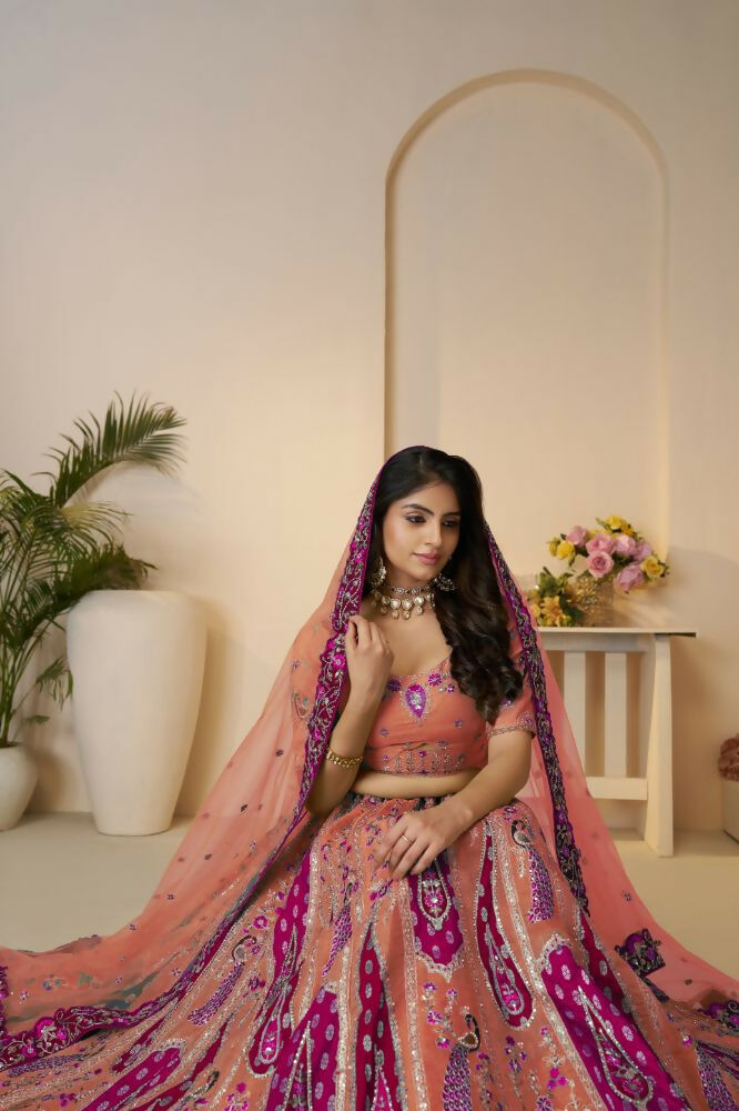 Kesar Fab Orange Banarasi Silk Embroidered Lehenga