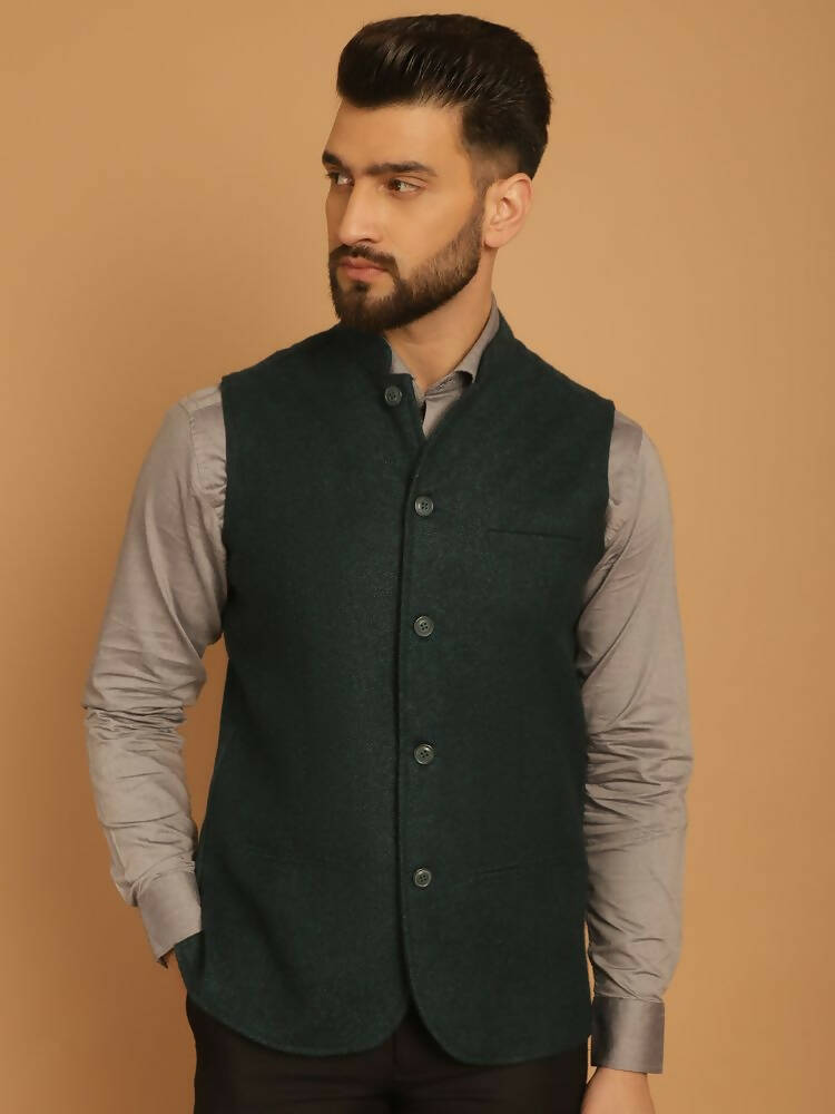 Even Apparels Pure Wool Nehru Jacket - Green