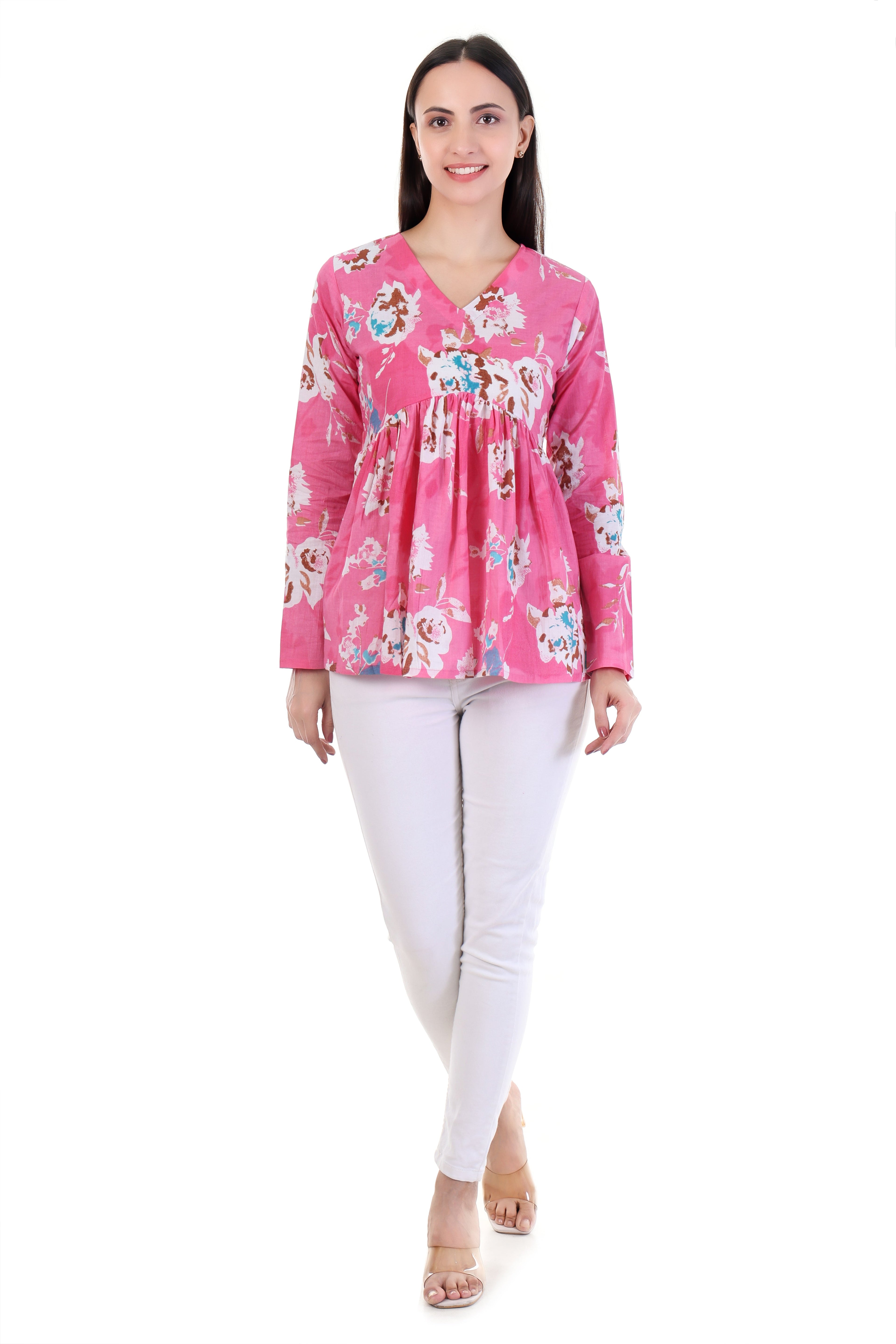 Jaitra Apparels Pink Printed Pure Cotton Full Sleeves Peplum Top