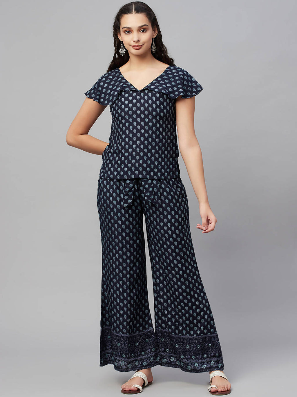 Myshka Women Blue Printed Top Palazzo Set - Distacart