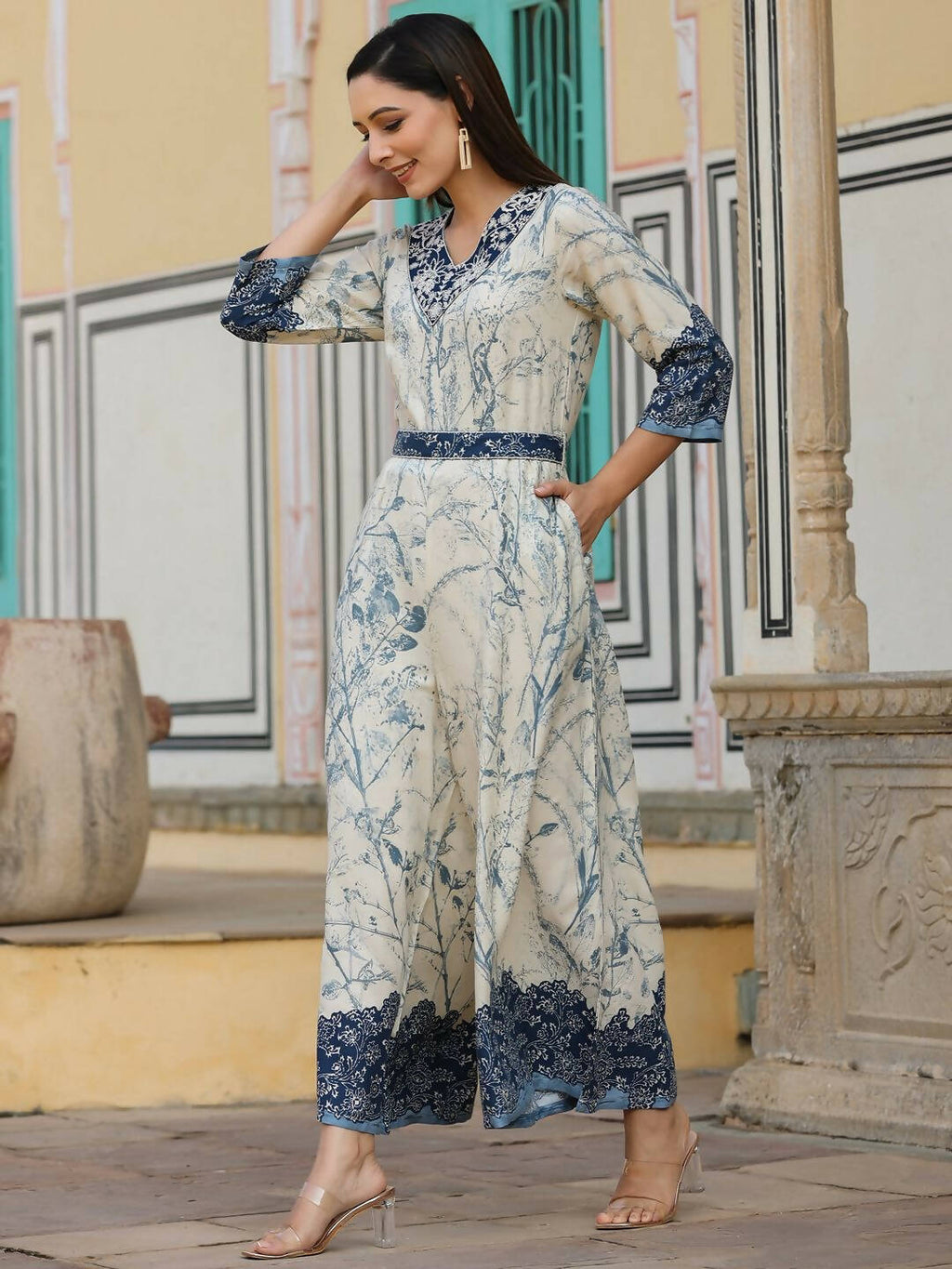 Juniper Women's Offwhite Rayon Staple Printed With Embroidery Straight Jumpsuit - Distacart