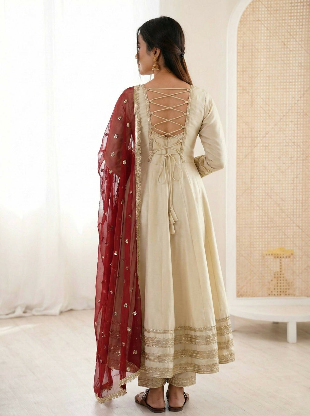 Teeya Creation Cream Cosmos Gold Lace Work Party Wear Gown - Distacart