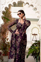 Vastranavya Wine Lurex Brasso Floral Printed Saree with Unstitched Blouse - Distacart