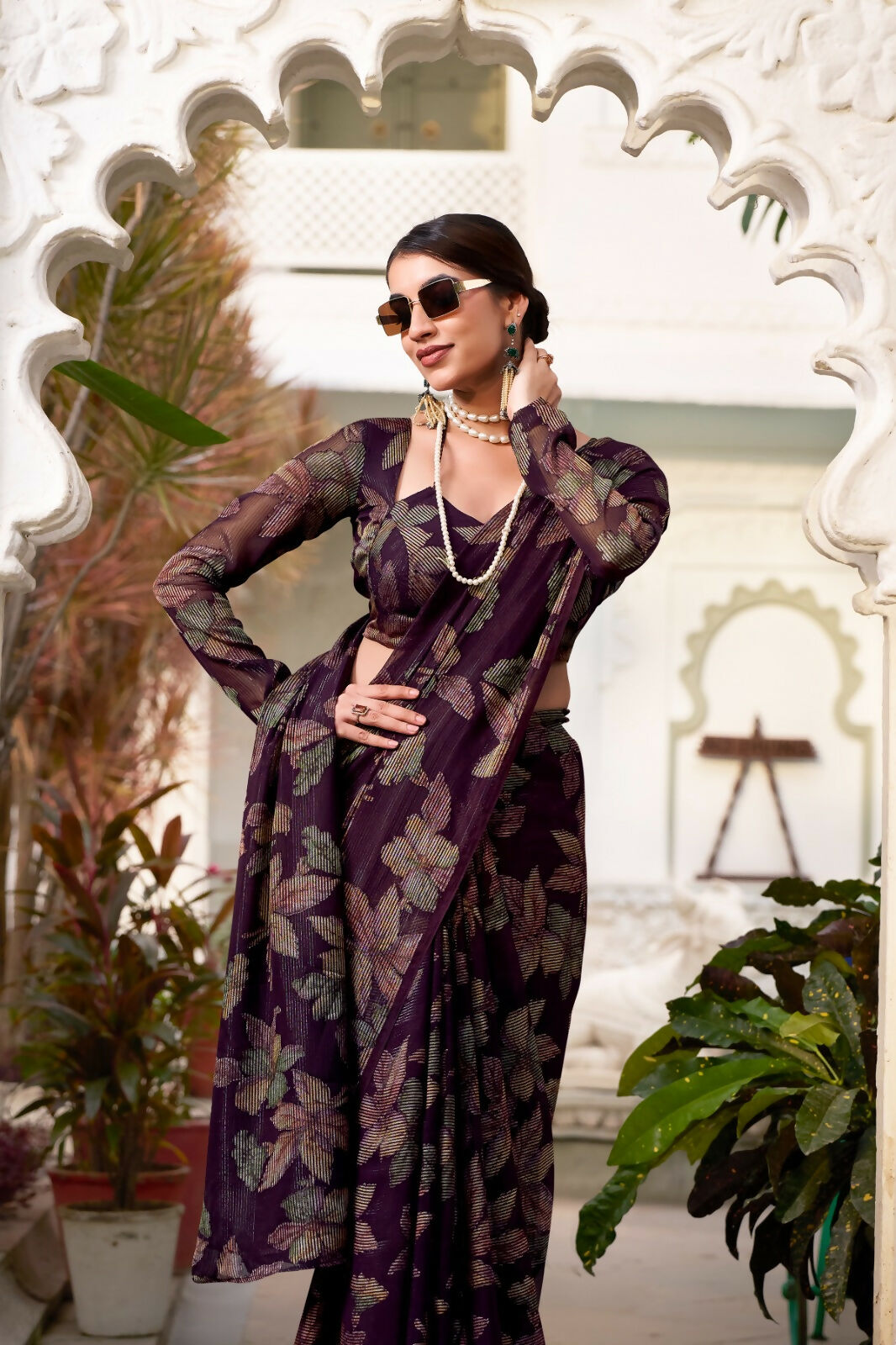Vastranavya Wine Lurex Brasso Floral Printed Saree with Unstitched Blouse - Distacart