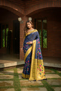 Jyoti Fashion Women's Navy Blue Paithani Silk Zari Woven Saree with Blouse