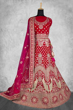 Red Velvet Hand Work Semi Stitched Lehenga Choli with Dupatta - Nimaya Lagnotsav