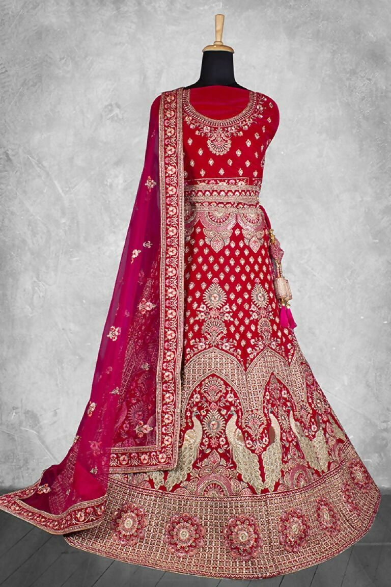 Red Velvet Hand Work Semi Stitched Lehenga Choli with Dupatta - Nimaya Lagnotsav