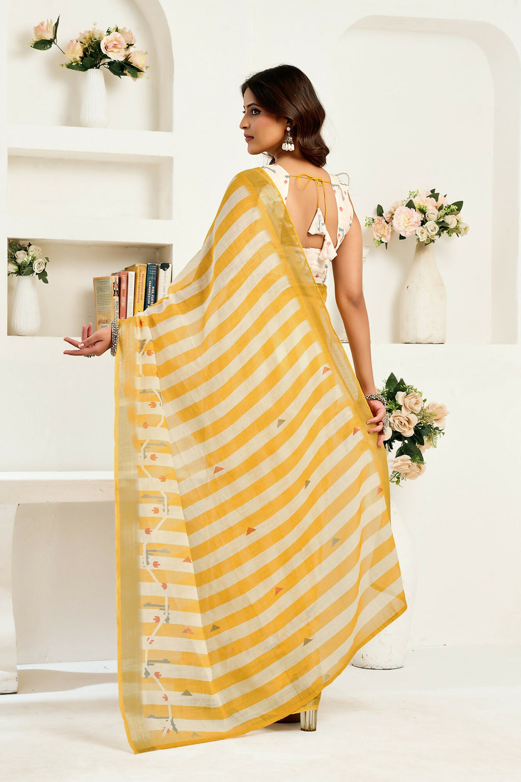 Vastranavya Yellow White Digital Printed Linen Ready To Wear Designer Saree with Unstitched Blouse - Distacart