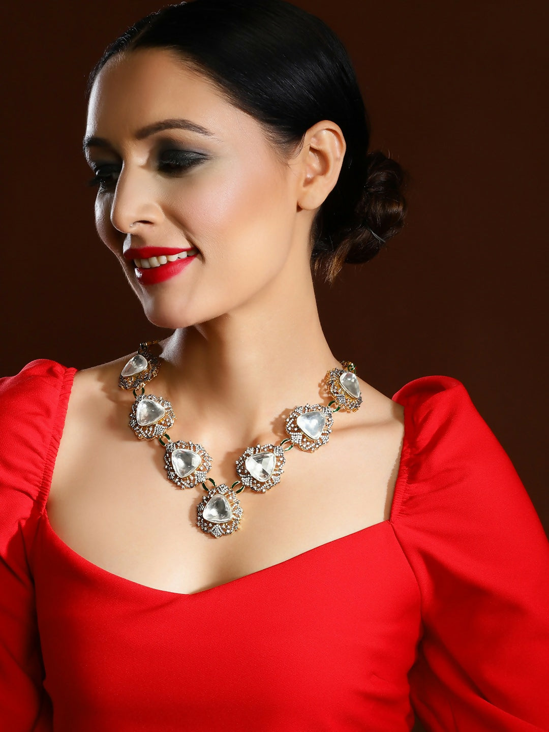 Long Dual Tone Kundan and Diamond Neckpiece- Ruby Raang