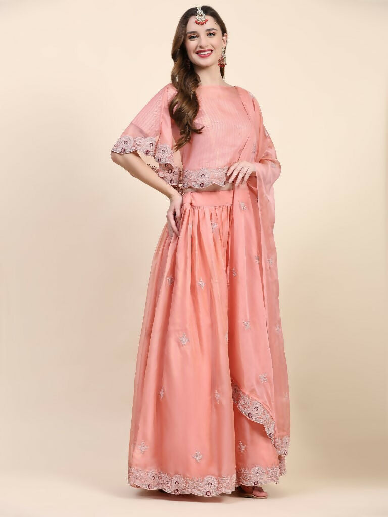 Peach Silk Embroidered Poncho Pattern Top & Lehenga with Dupatta - Tanya