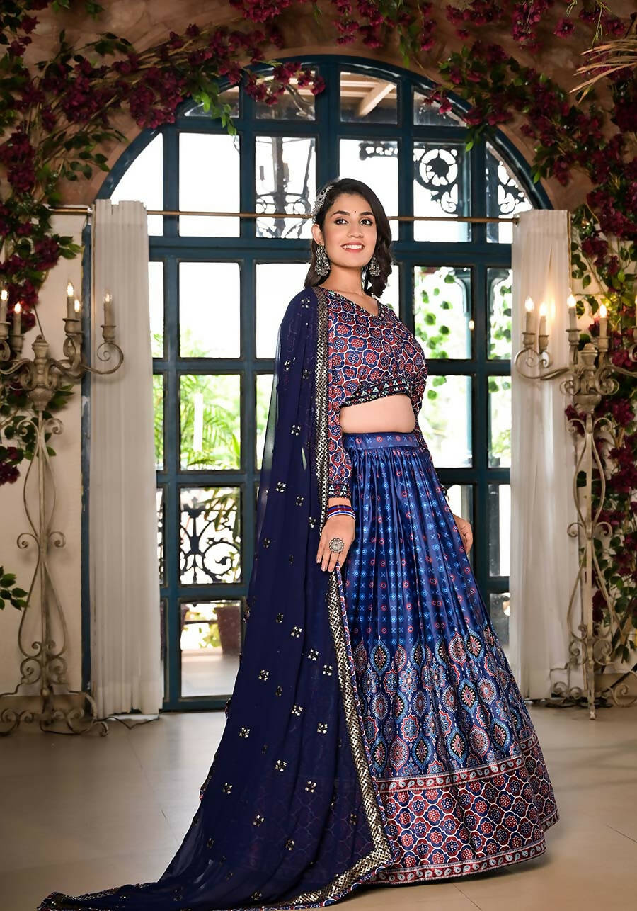 Women's Wedding Traditional Blue Dull Satin Lehenga Choli - Kaushlya