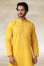 Raivat Ethnic Cotton Printed Work Kurta Pajama In Yellow Colour