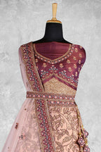 Maroon & Beige Velvet Hand Work Semi Stitched Lehenga Choli with Dupatta - Nimaya Lagnotsav