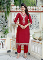 Miravan Women's Embroidered Pure Silk Red Kurta with Palazzo and Dupatta