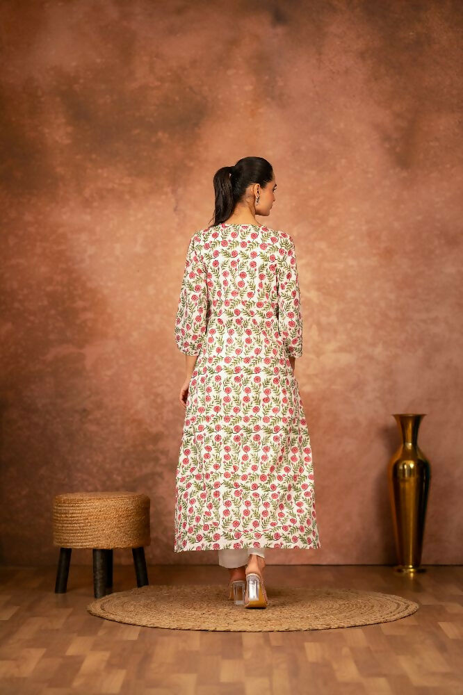 Joban Fashion Red Floral Hand Block Printed Cotton Kurta Pant Set - Distacart