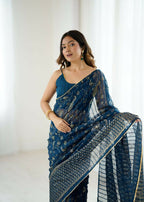 PR Fashion Morpich Georgette Patta Plain With Foil Work And Small Lace And Zalar Lace Saree
