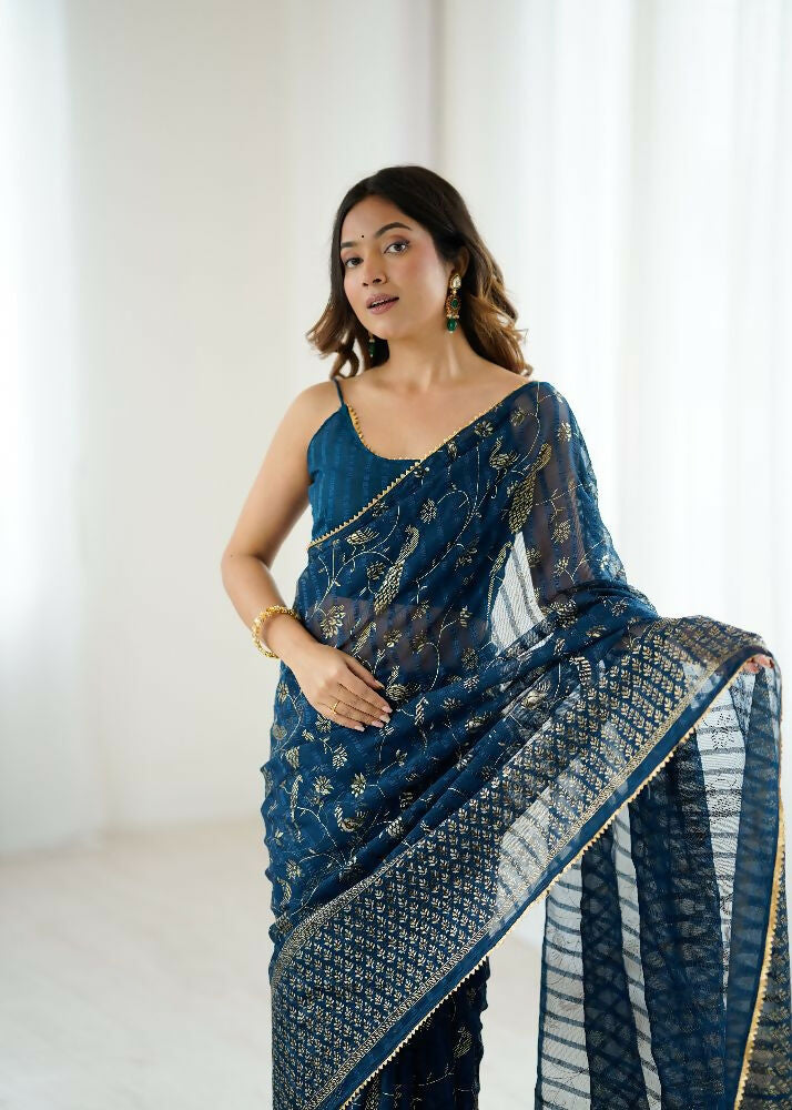 PR Fashion Morpich Georgette Patta Plain With Foil Work And Small Lace And Zalar Lace Saree