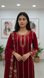 Joban Fashion Red Kurta Set Velvet Embroidery Sequence Work - Distacart